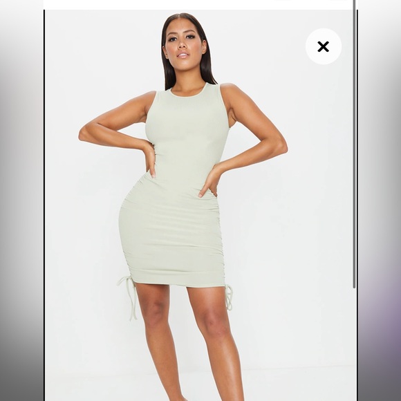 Sage Green Rib Ruched Side Sleeveless Bodycon Dress - Picture 2 of 3